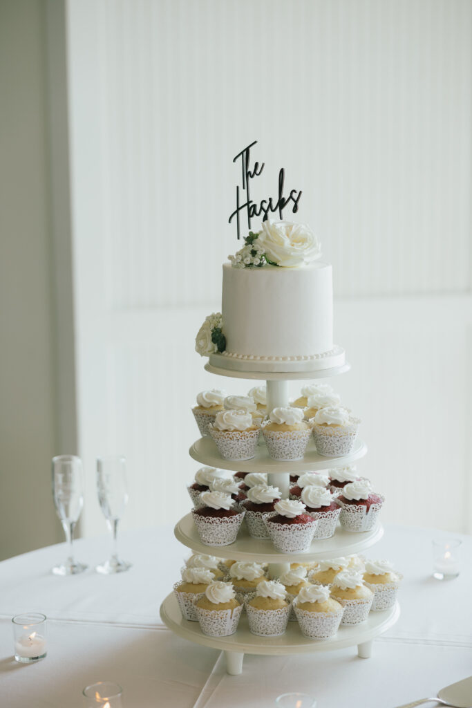 wedding cake and cupcakes