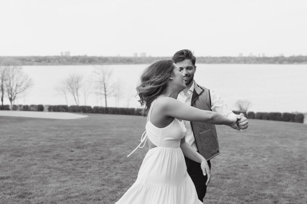 black and white action shot at engagement shoot