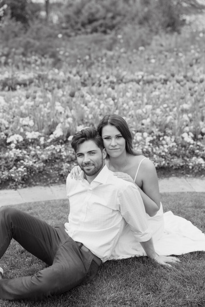 black and white engagement photography garden engagement photos in spring