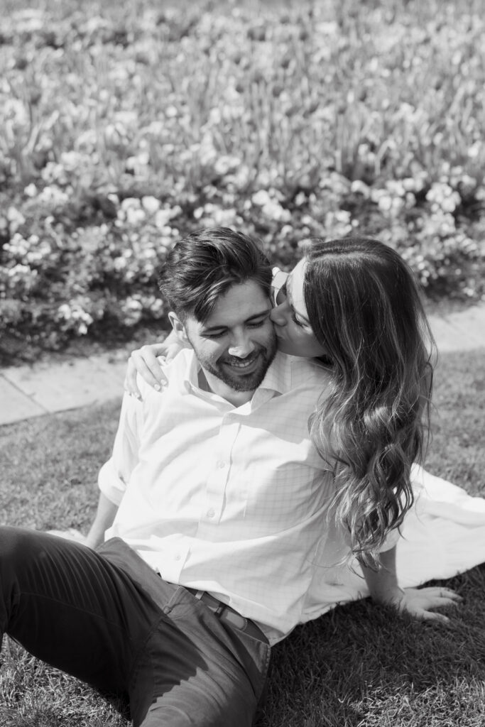 black and white photography at Dallas Arboretum and Botanical Gardens garden engagement photos in spring