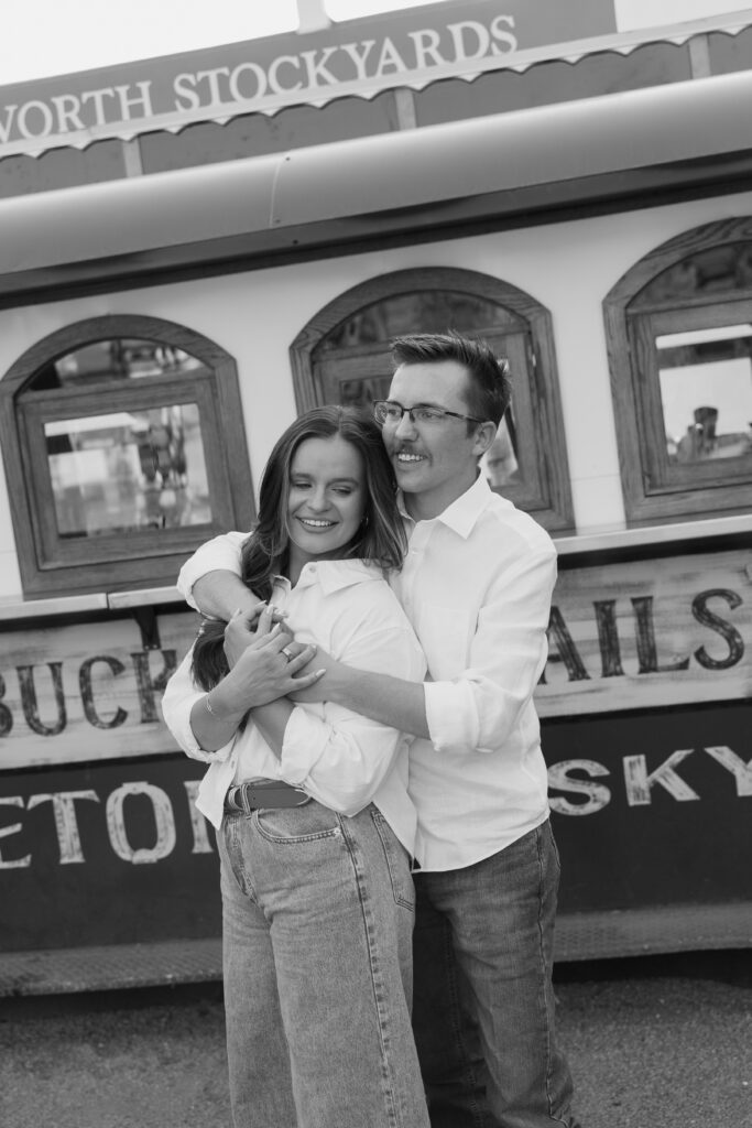 black and white engagement photography at Fort Worth Stockyards
