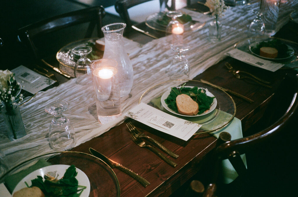 Wedding photography on film  of tablescape for the wedding reception at La Bella Luna.
